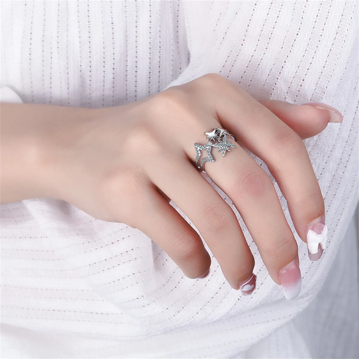 Cubic Zirconia & Silver-Plated Star Open Layered Ring