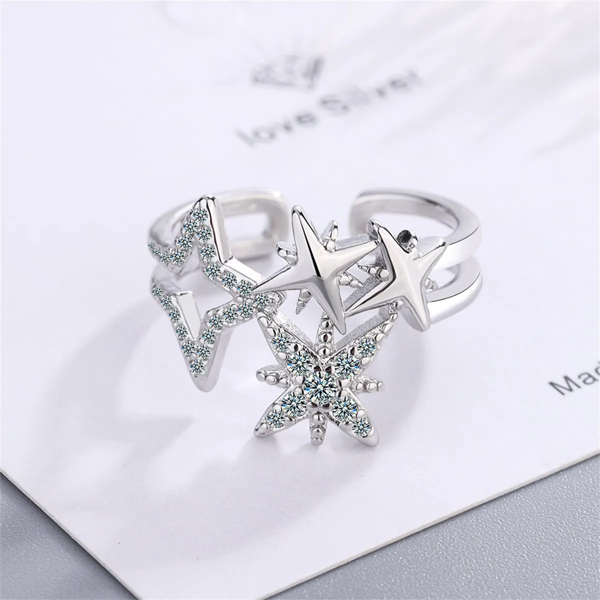 Cubic Zirconia & Silver-Plated Star Open Layered Ring
