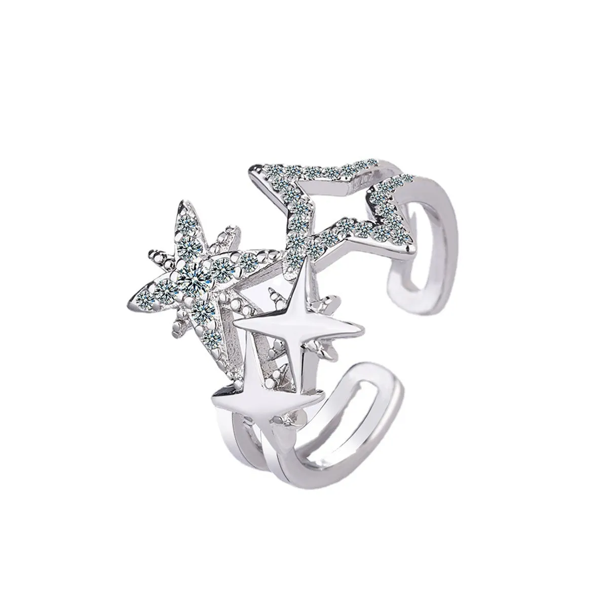 Cubic Zirconia & Silver-Plated Star Open Layered Ring