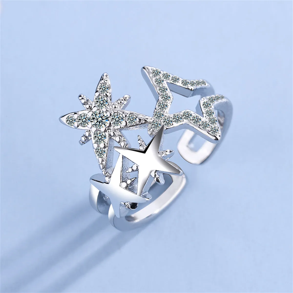 Cubic Zirconia & Silver-Plated Star Open Layered Ring