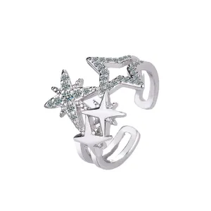 Cubic Zirconia & Silver-Plated Star Open Layered Ring