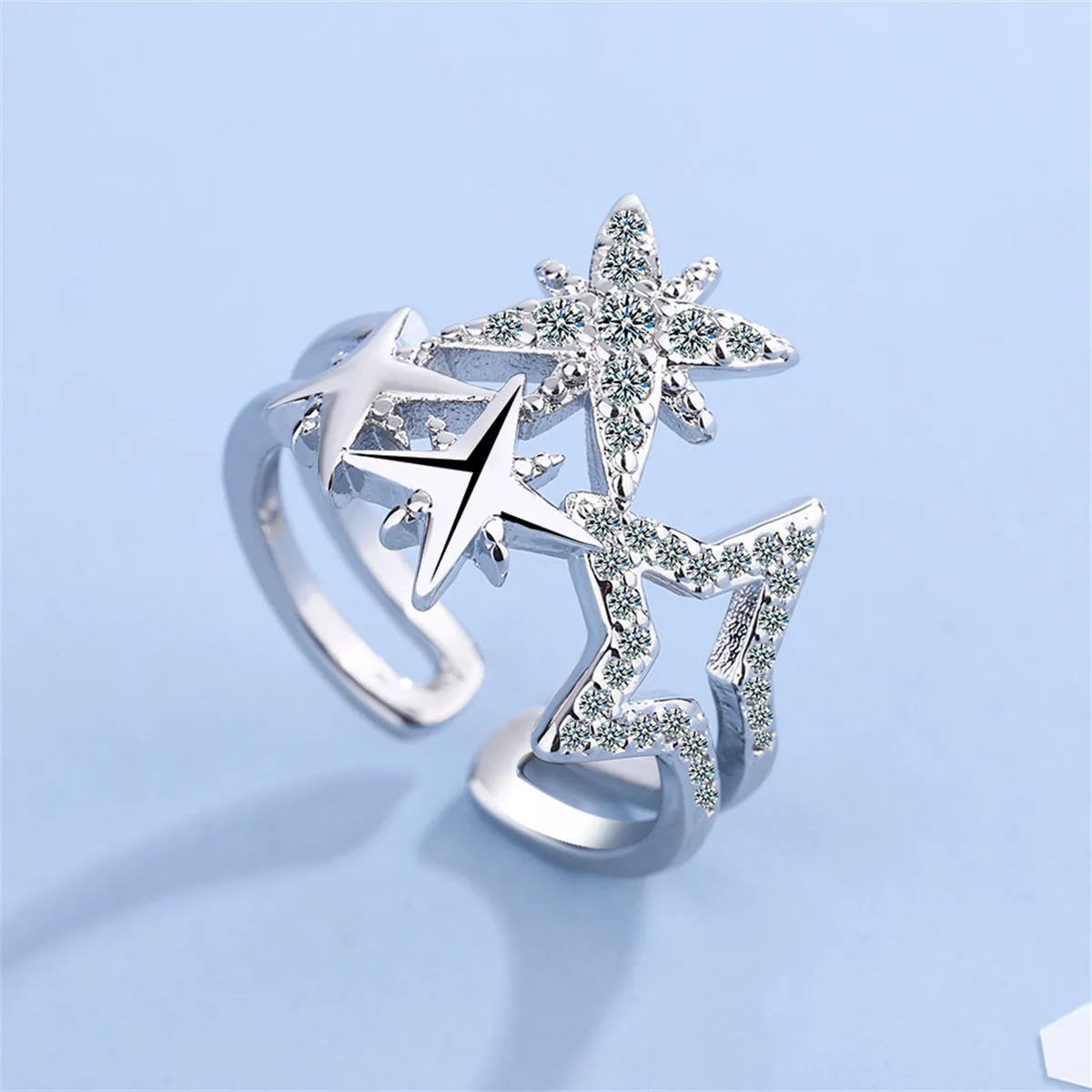 Cubic Zirconia & Silver-Plated Star Open Layered Ring