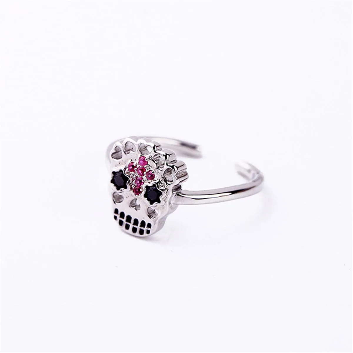Cubic Zirconia & Silver-Plated Sugar Skull Open Ring