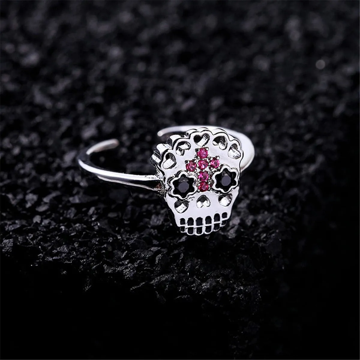 Cubic Zirconia & Silver-Plated Sugar Skull Open Ring