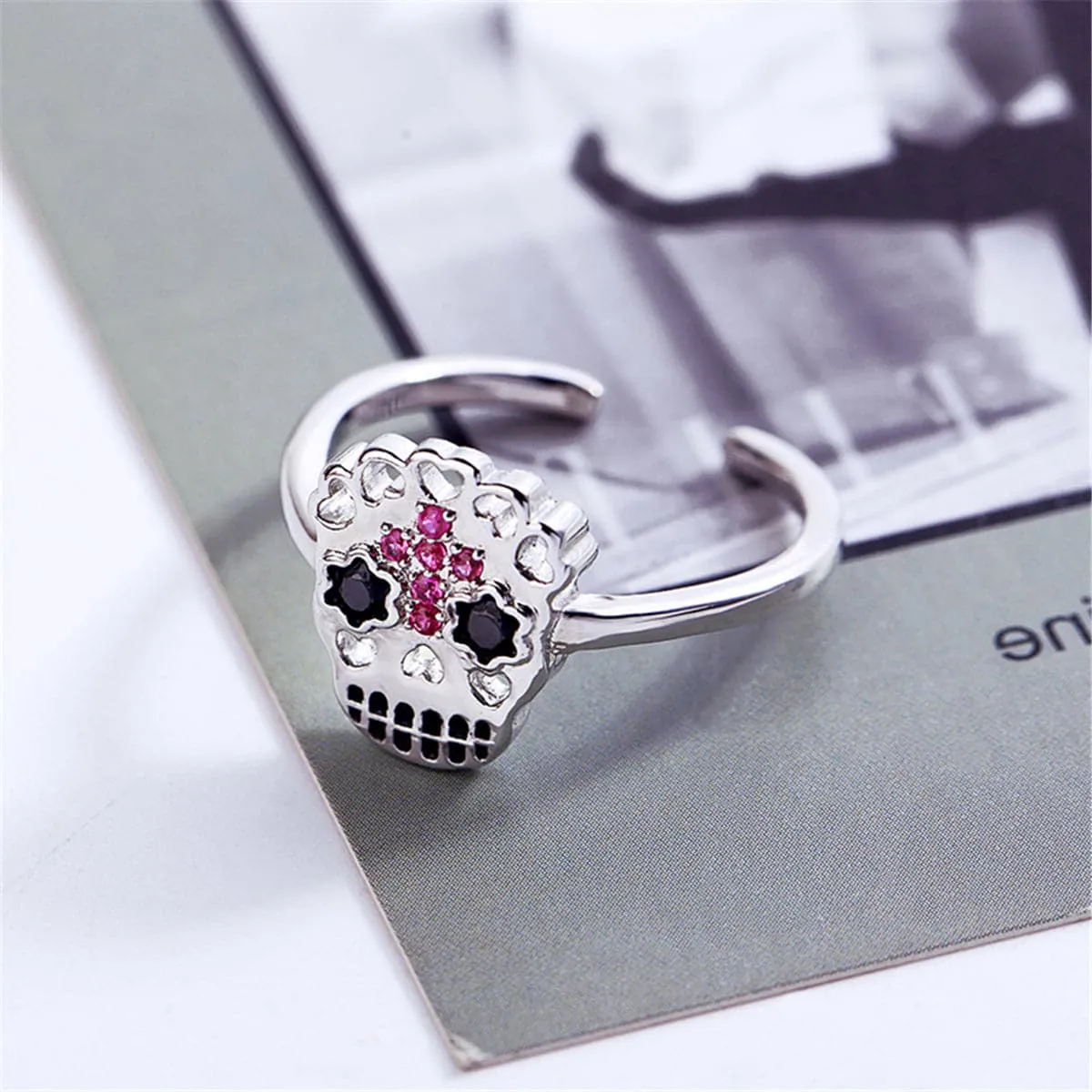 Cubic Zirconia & Silver-Plated Sugar Skull Open Ring