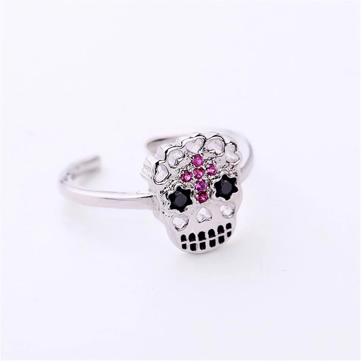 Cubic Zirconia & Silver-Plated Sugar Skull Open Ring