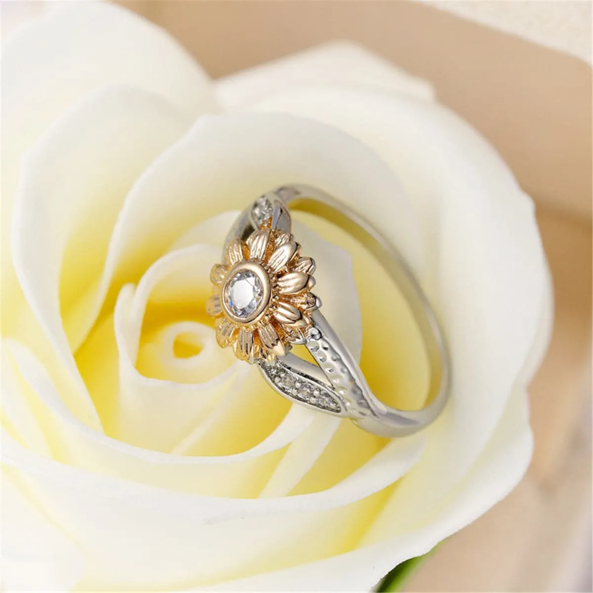 Cubic Zirconia & Two-Tone Sunflower Band Ring