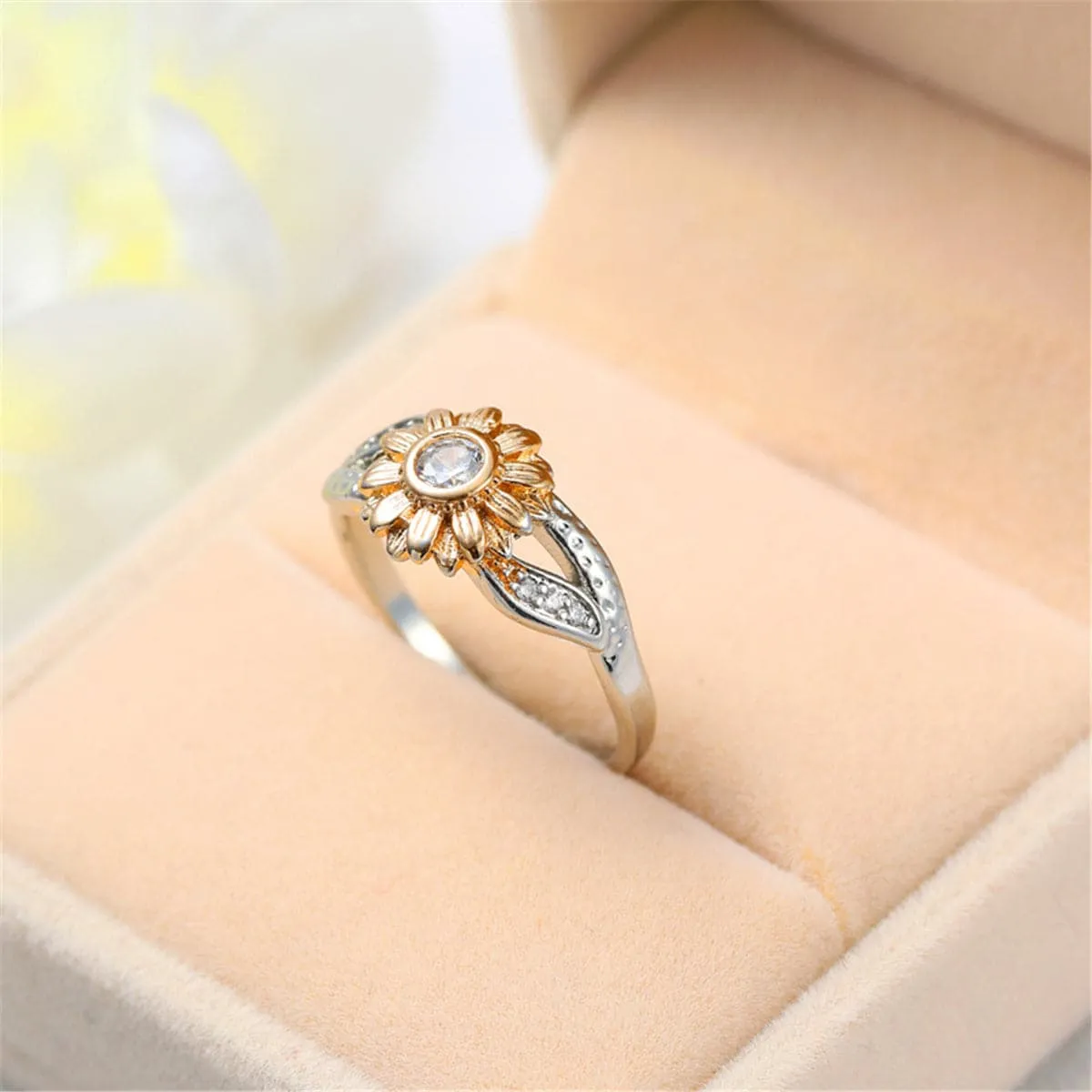 Cubic Zirconia & Two-Tone Sunflower Band Ring