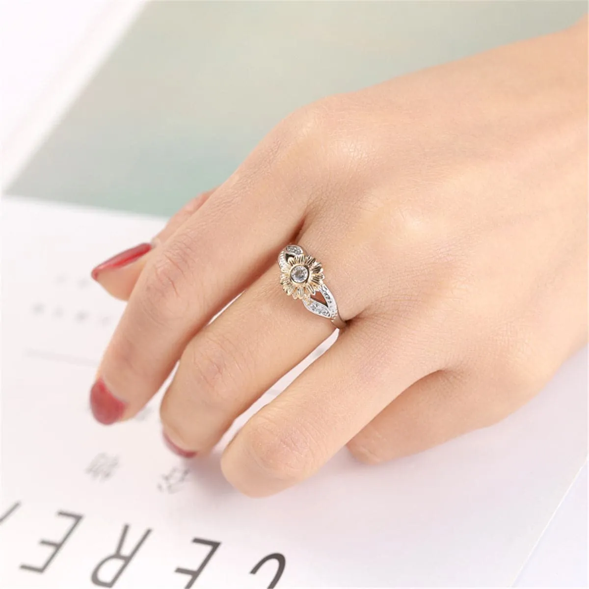 Cubic Zirconia & Two-Tone Sunflower Band Ring