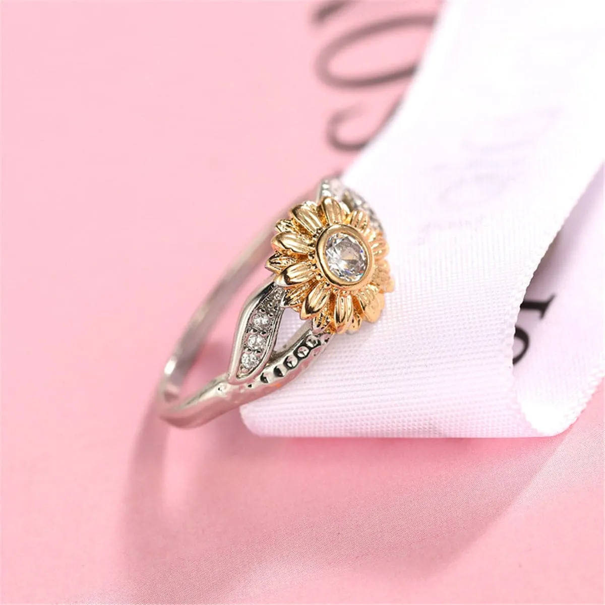 Cubic Zirconia & Two-Tone Sunflower Band Ring