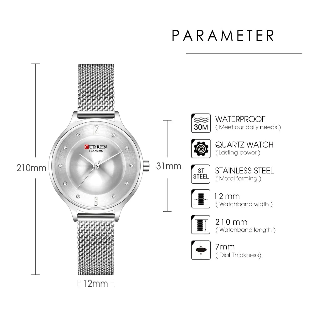 CURREN Exquisite Simple Ladies Watch Silver Stainless Steel Analog Quartz Watches Woman Top Brand Luxury Clock Relogio Feminino