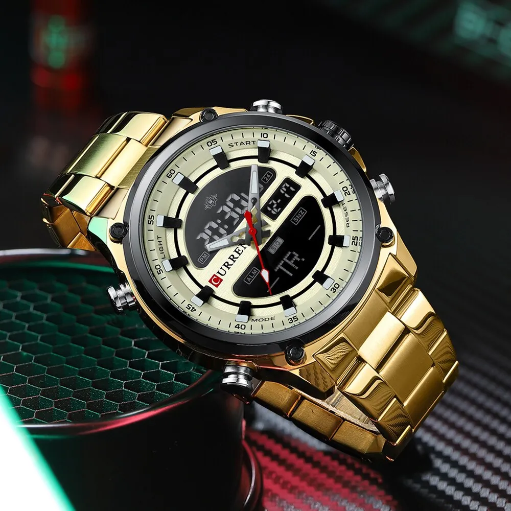 CURREN Men&#39;s Gold Watches Sport Led Digital Watches for Men Waterproof Stainless Steel Casual Sport Quartz Wristwatches
