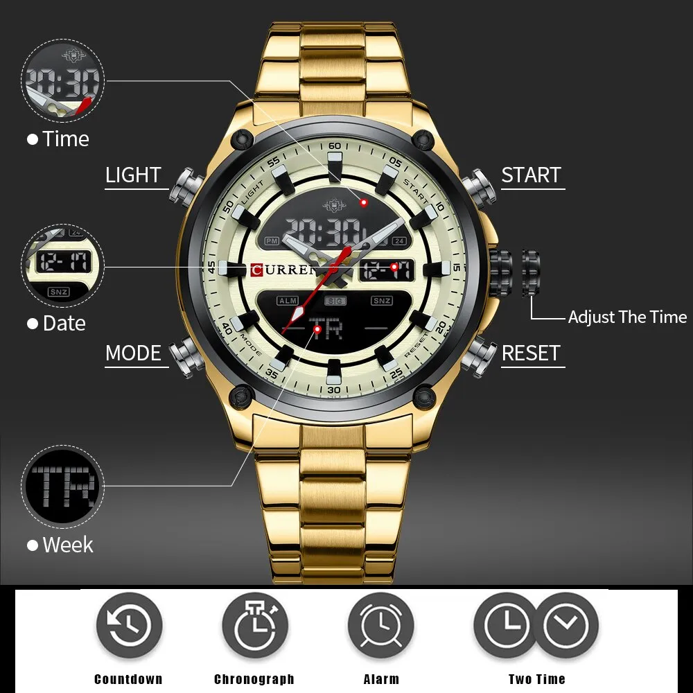 CURREN Men&#39;s Gold Watches Sport Led Digital Watches for Men Waterproof Stainless Steel Casual Sport Quartz Wristwatches