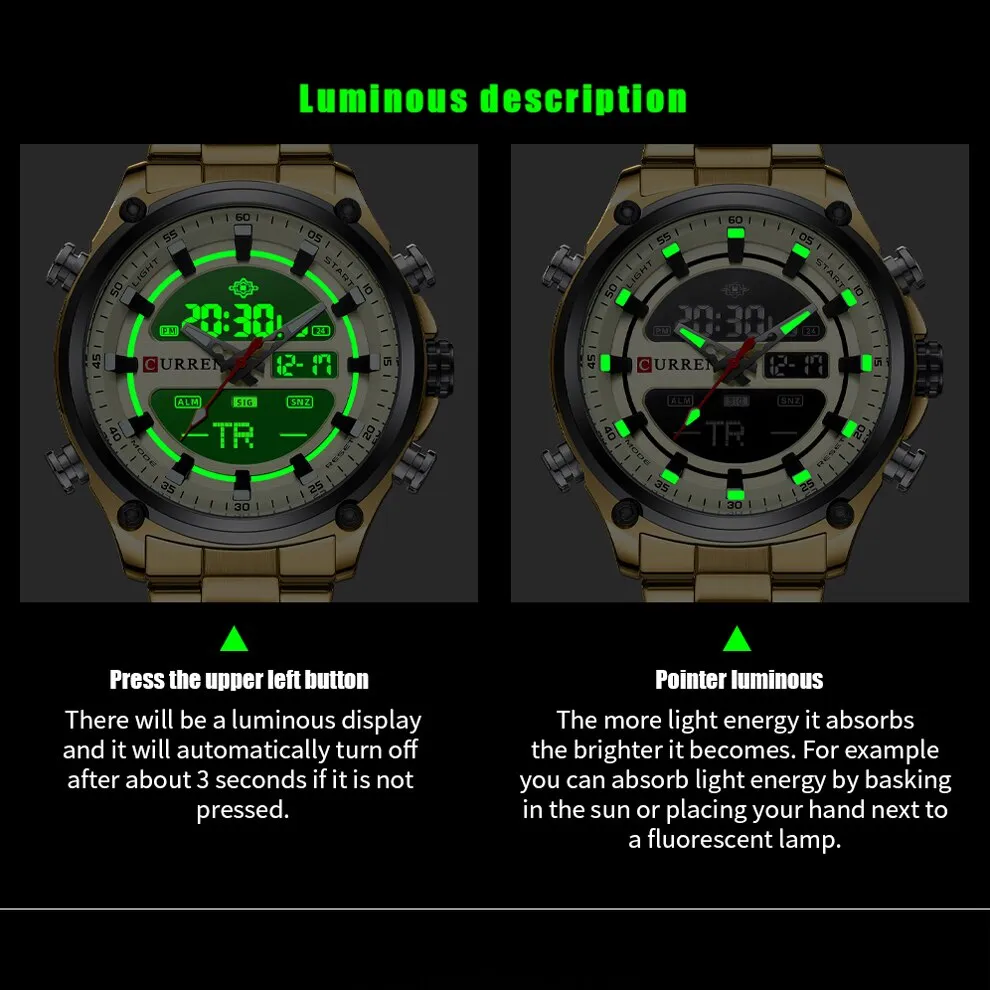 CURREN Men&#39;s Gold Watches Sport Led Digital Watches for Men Waterproof Stainless Steel Casual Sport Quartz Wristwatches