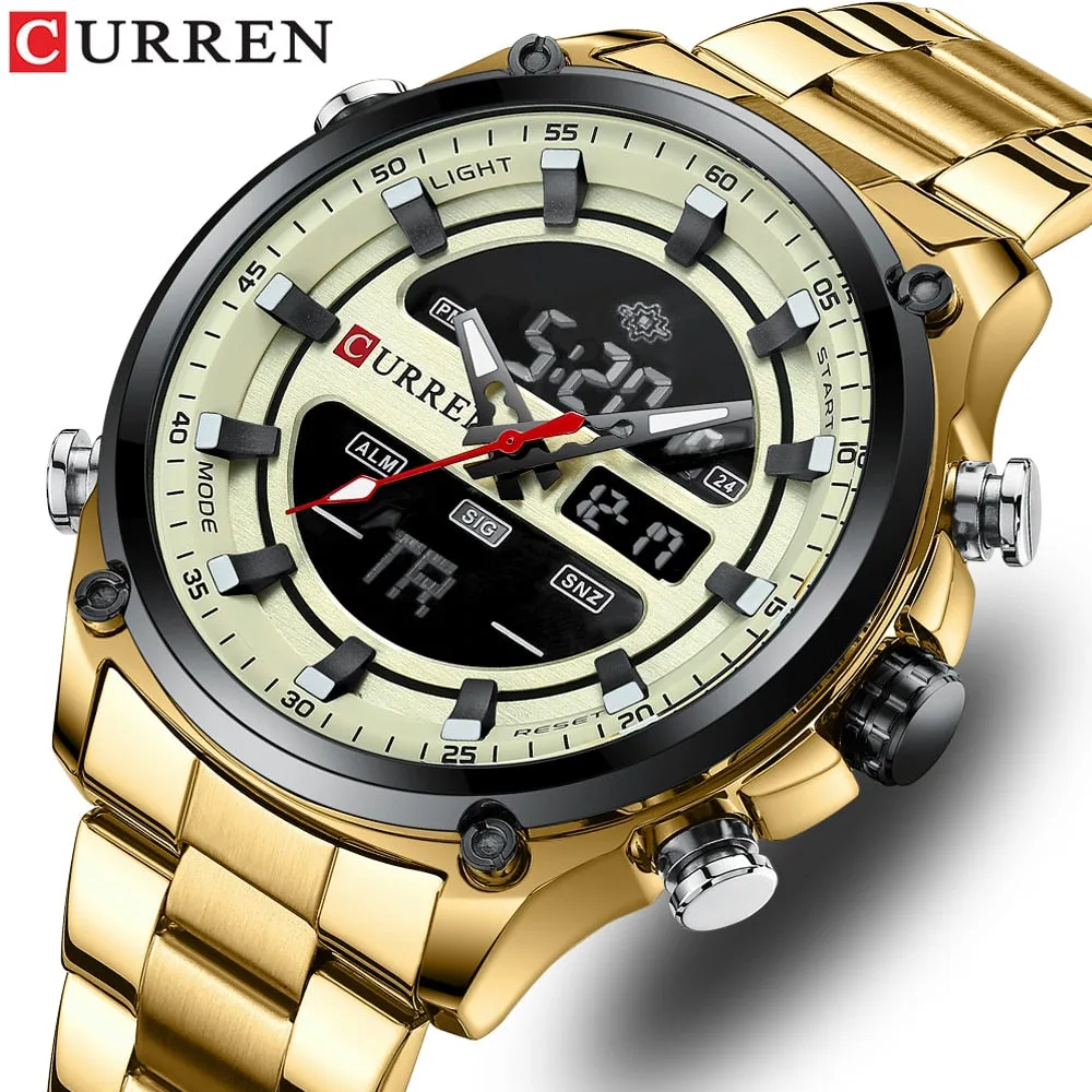 CURREN Men&#39;s Gold Watches Sport Led Digital Watches for Men Waterproof Stainless Steel Casual Sport Quartz Wristwatches