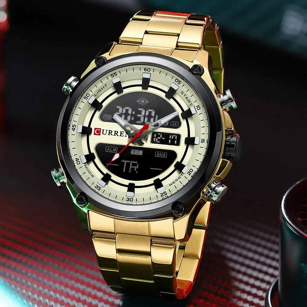 CURREN Men&#39;s Gold Watches Sport Led Digital Watches for Men Waterproof Stainless Steel Casual Sport Quartz Wristwatches