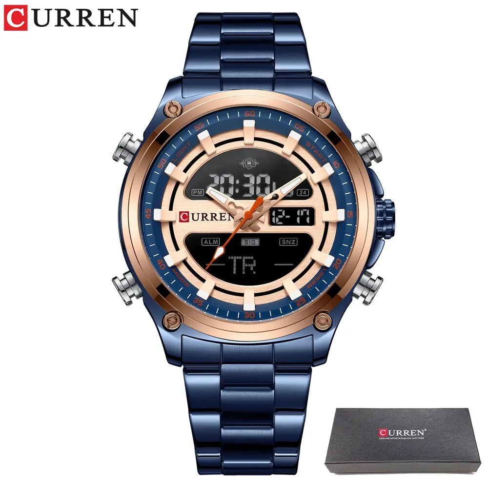 CURREN Men&#39;s Gold Watches Sport Led Digital Watches for Men Waterproof Stainless Steel Casual Sport Quartz Wristwatches