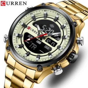 CURREN Men&#39;s Gold Watches Sport Led Digital Watches for Men Waterproof Stainless Steel Casual Sport Quartz Wristwatches