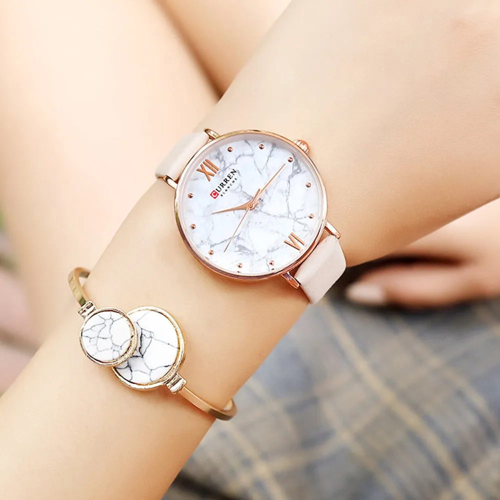 CURREN Top Brand Fashion Creative Ladies Watches Leather Thin Women&#39;s Quartz Watch Women Creative Marble Wristwatch