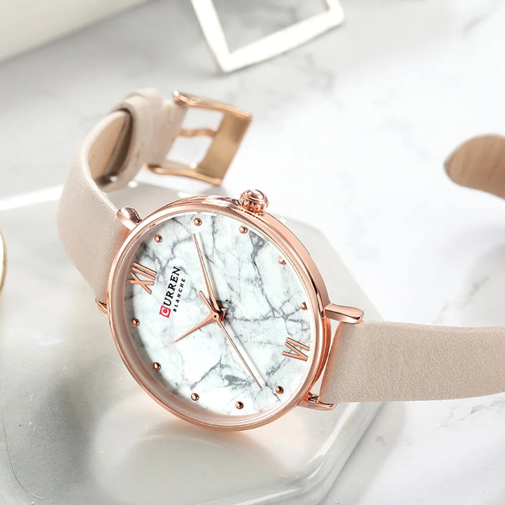 CURREN Top Brand Fashion Creative Ladies Watches Leather Thin Women&#39;s Quartz Watch Women Creative Marble Wristwatch