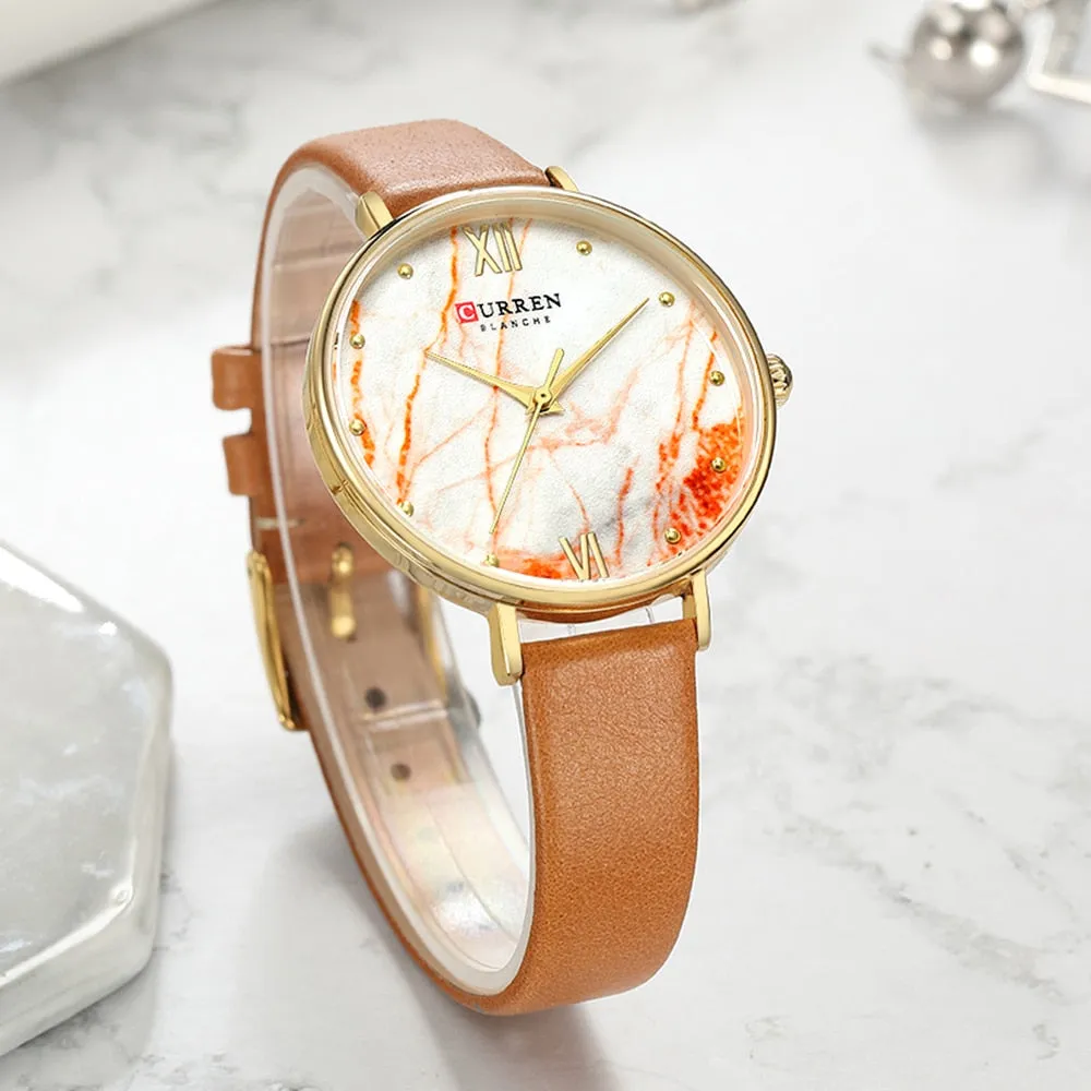 CURREN Top Brand Fashion Creative Ladies Watches Leather Thin Women&#39;s Quartz Watch Women Creative Marble Wristwatch
