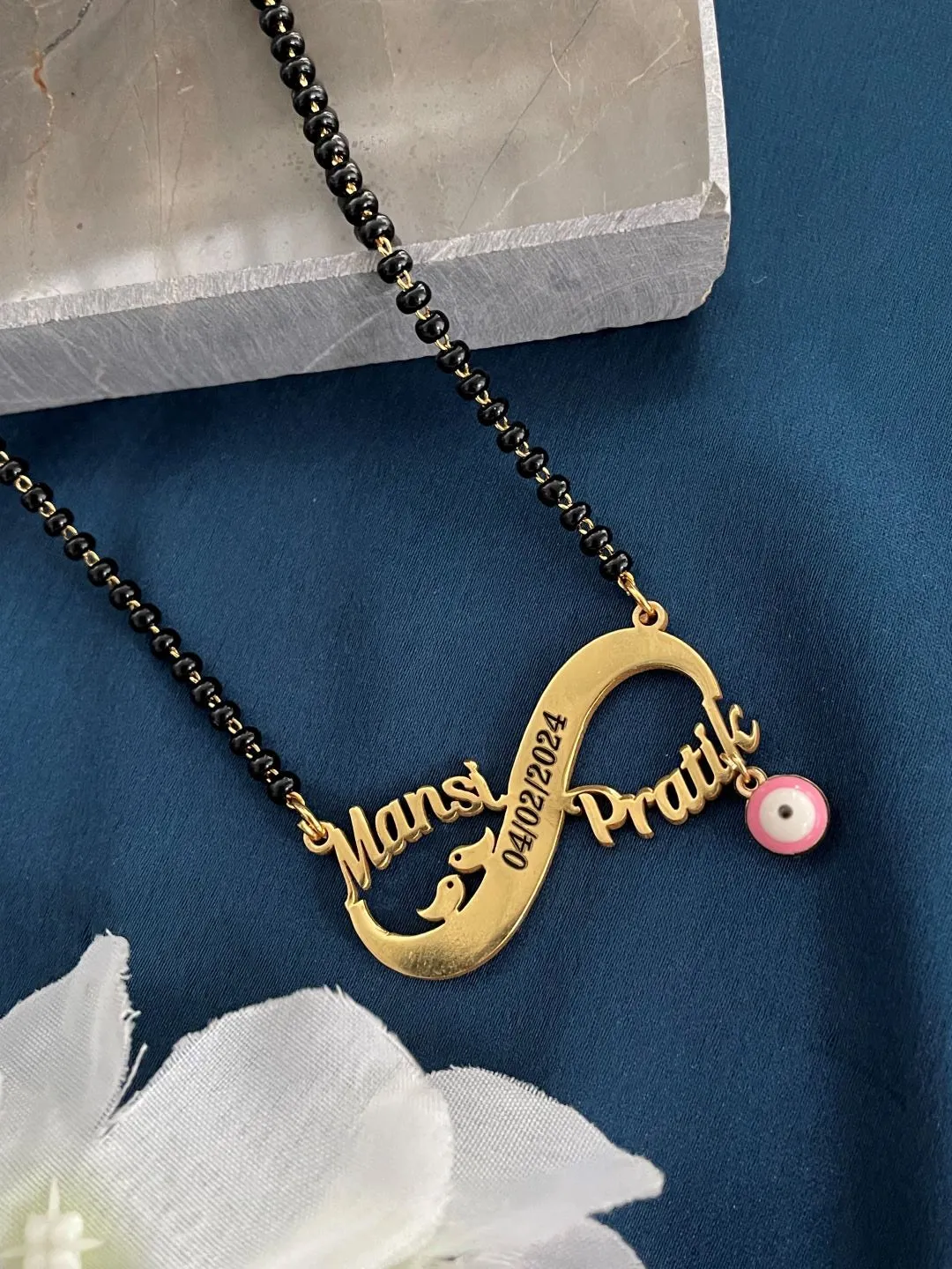 Custom 2 Name Infinity Short Mangalsutra with Date and Evil Eye