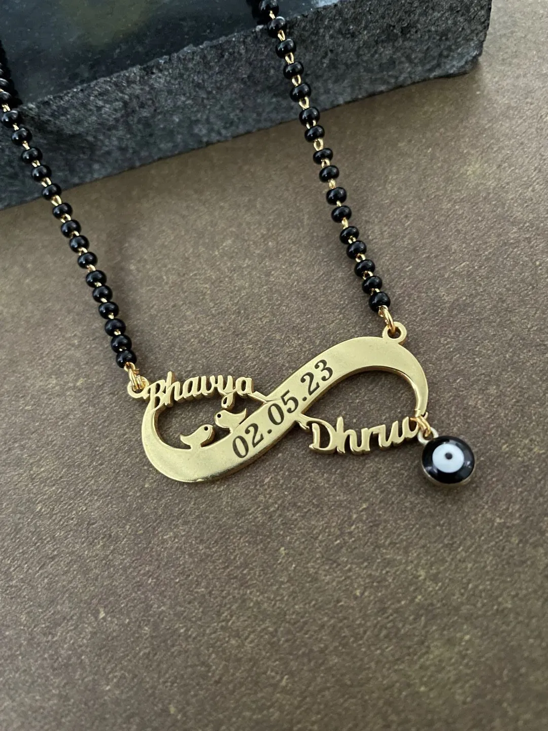 Custom 2 Name Infinity Short Mangalsutra with Date and Evil Eye