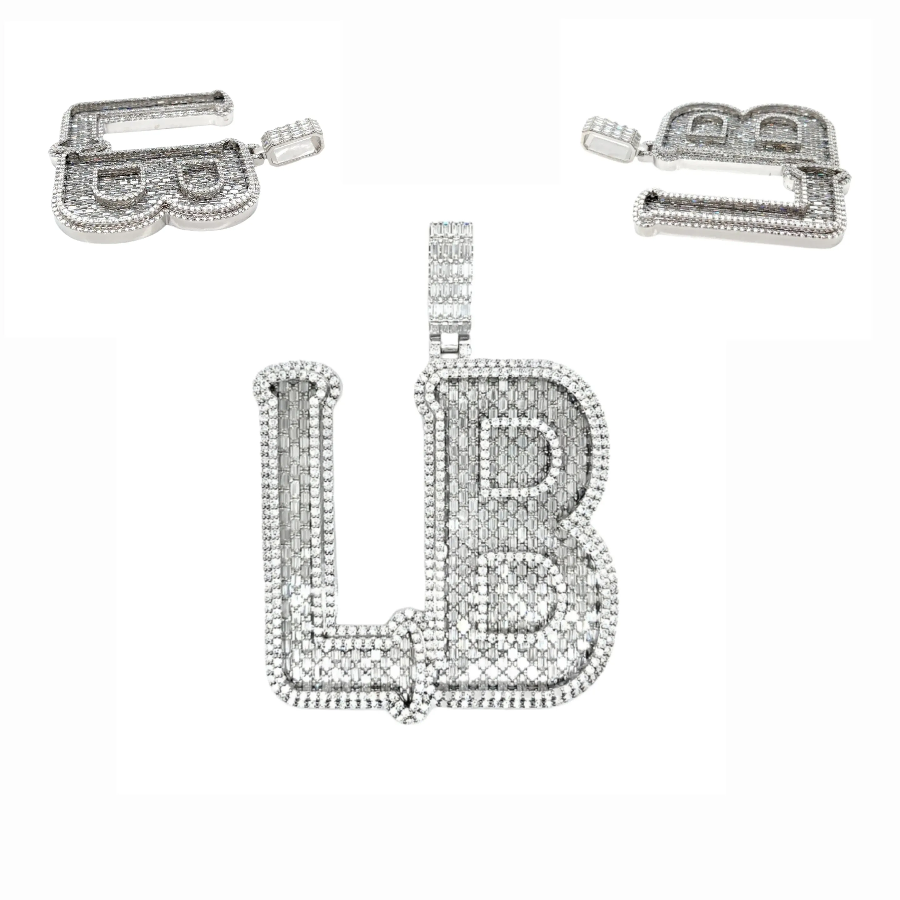 Custom Design Personalized LB 3" Pendant Charm with Baguette Moissanite