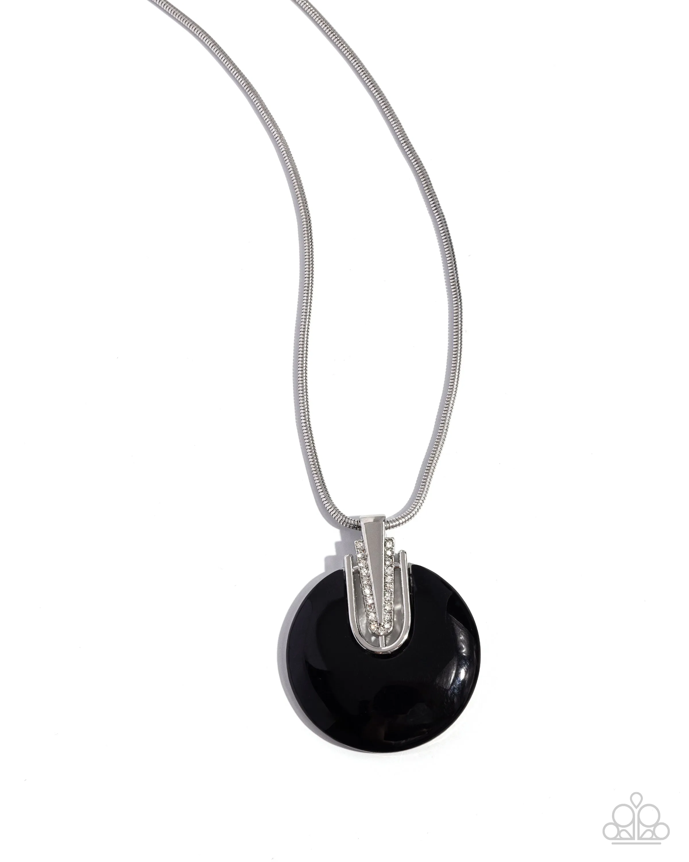 Cutting Charm - Black - Oversized Acrylic Disc White Rhinestone Paparazzi Short Necklace