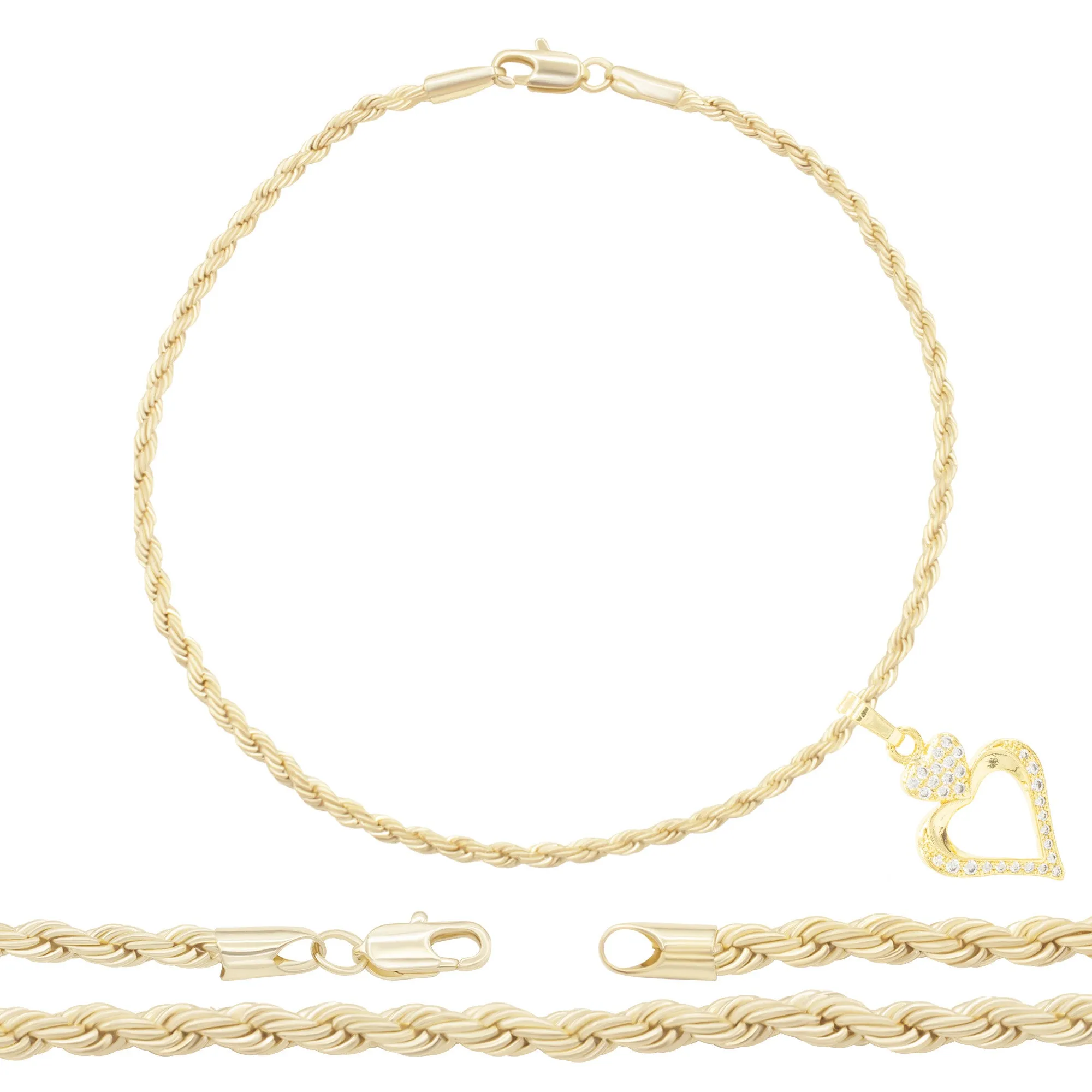 CZ Heart Charm 14K Gold Filled Rope Anklet 10" Chain Women Jewelry