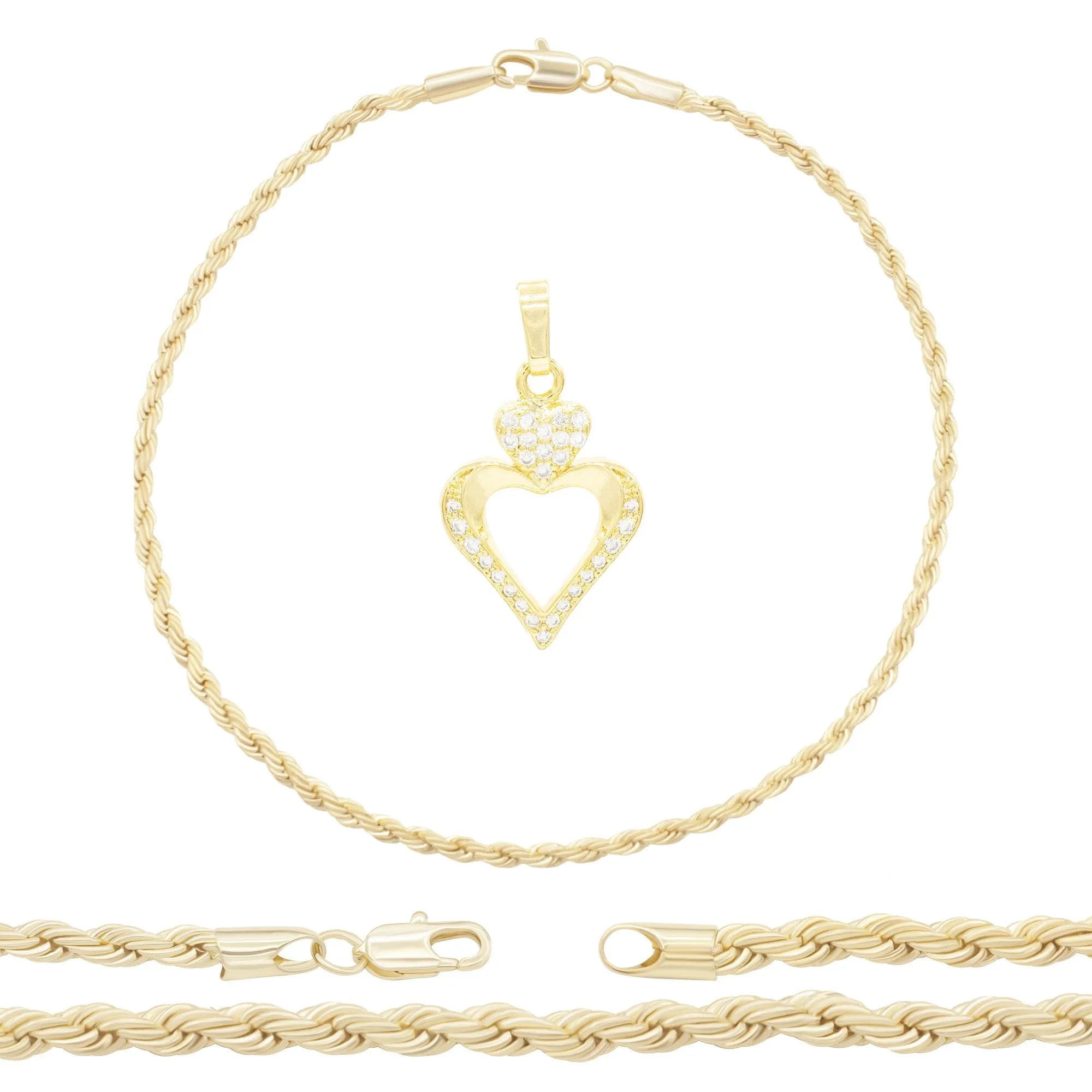 CZ Heart Charm 14K Gold Filled Rope Anklet 10" Chain Women Jewelry