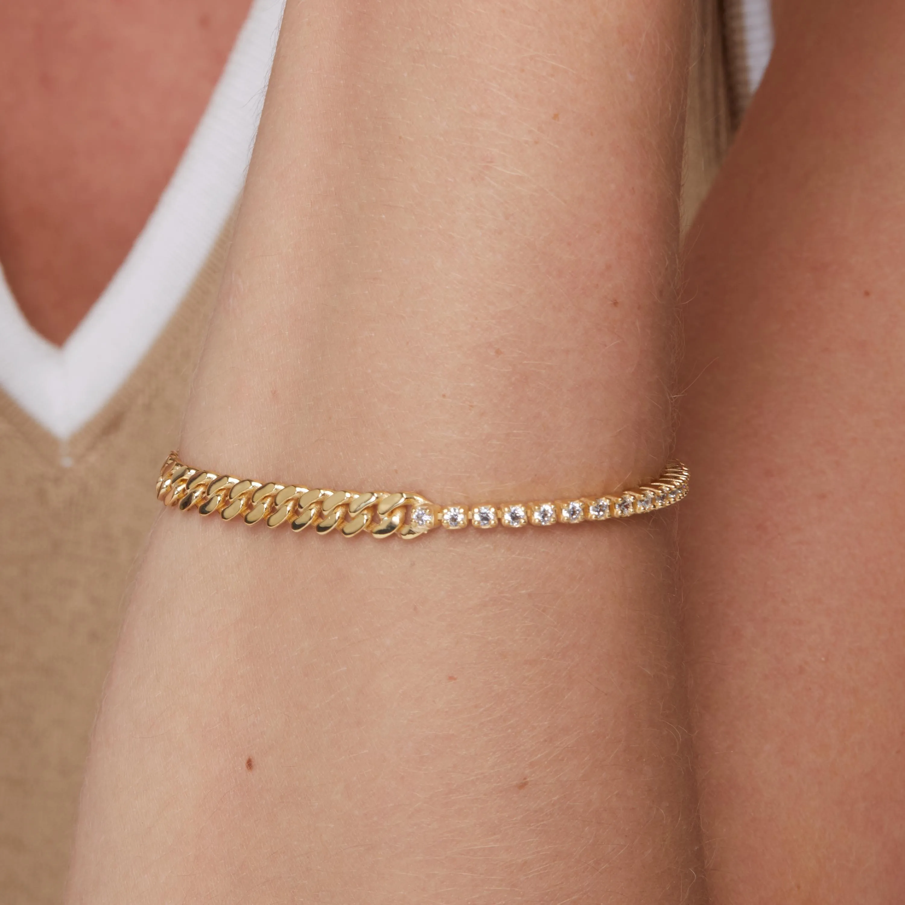 Dainty CZ Tennis Bracelet with Cuban Link - 18K Gold Vermeil