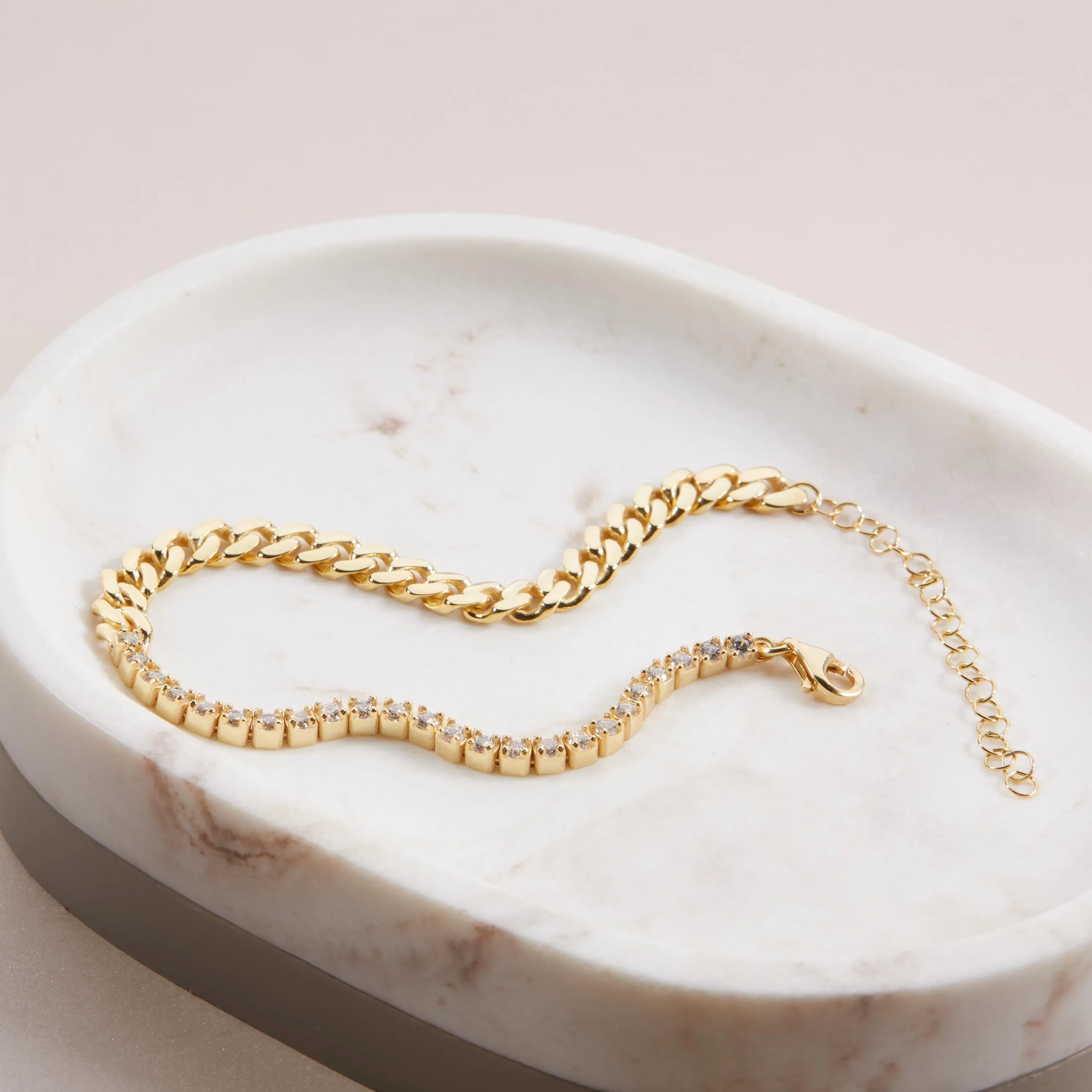 Dainty CZ Tennis Bracelet with Cuban Link - 18K Gold Vermeil