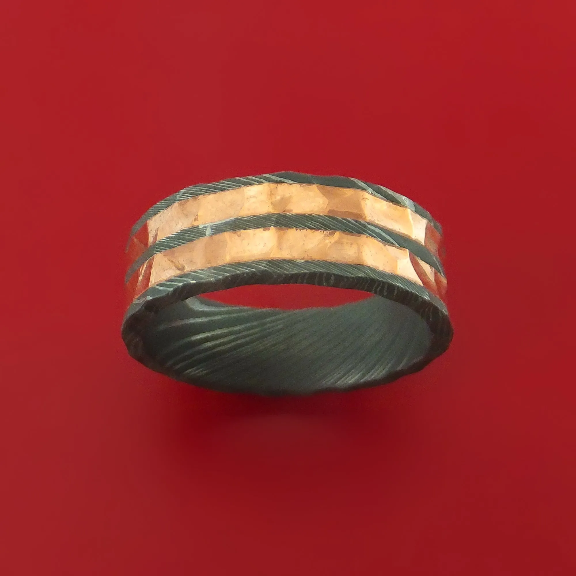 Damascus Steel and Copper Rock Hammer Ring Custom Made