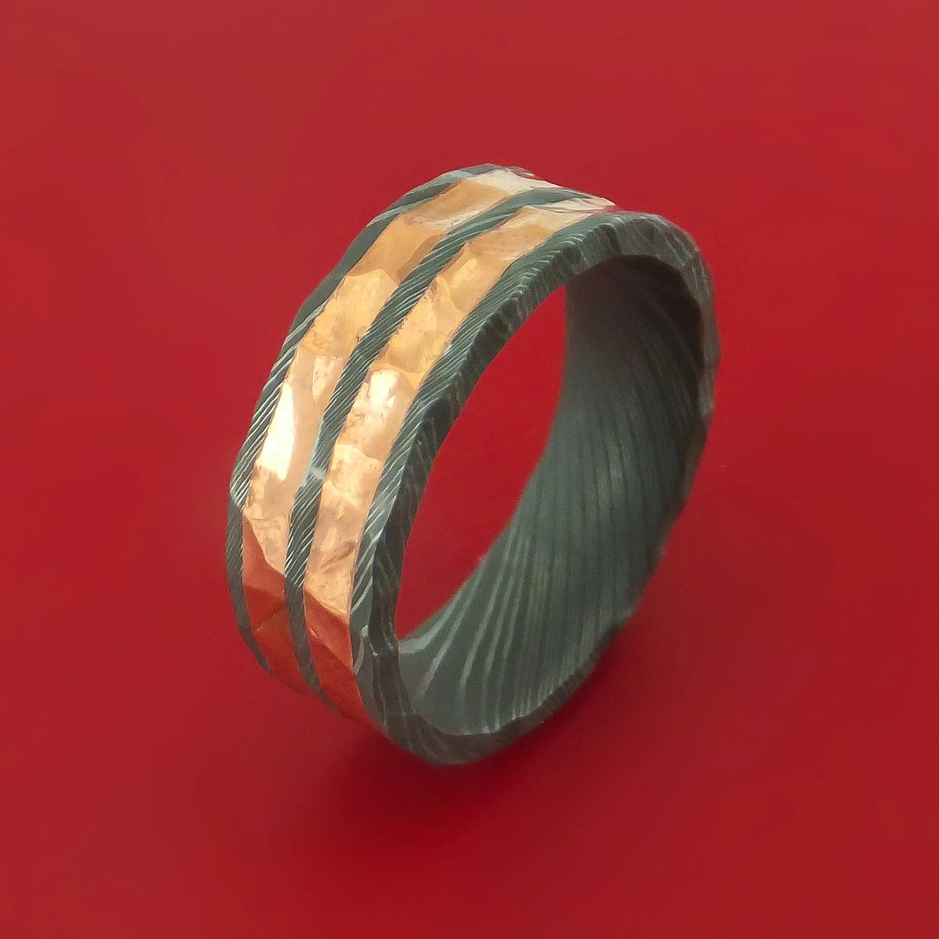 Damascus Steel and Copper Rock Hammer Ring Custom Made
