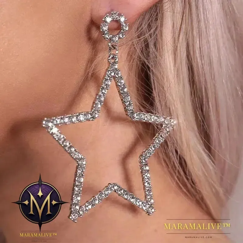 Dangling Big Star Earrings Vintage 2024 Trend Luxury For Women Piercing Pendant Statement Crystal Loop Earrings