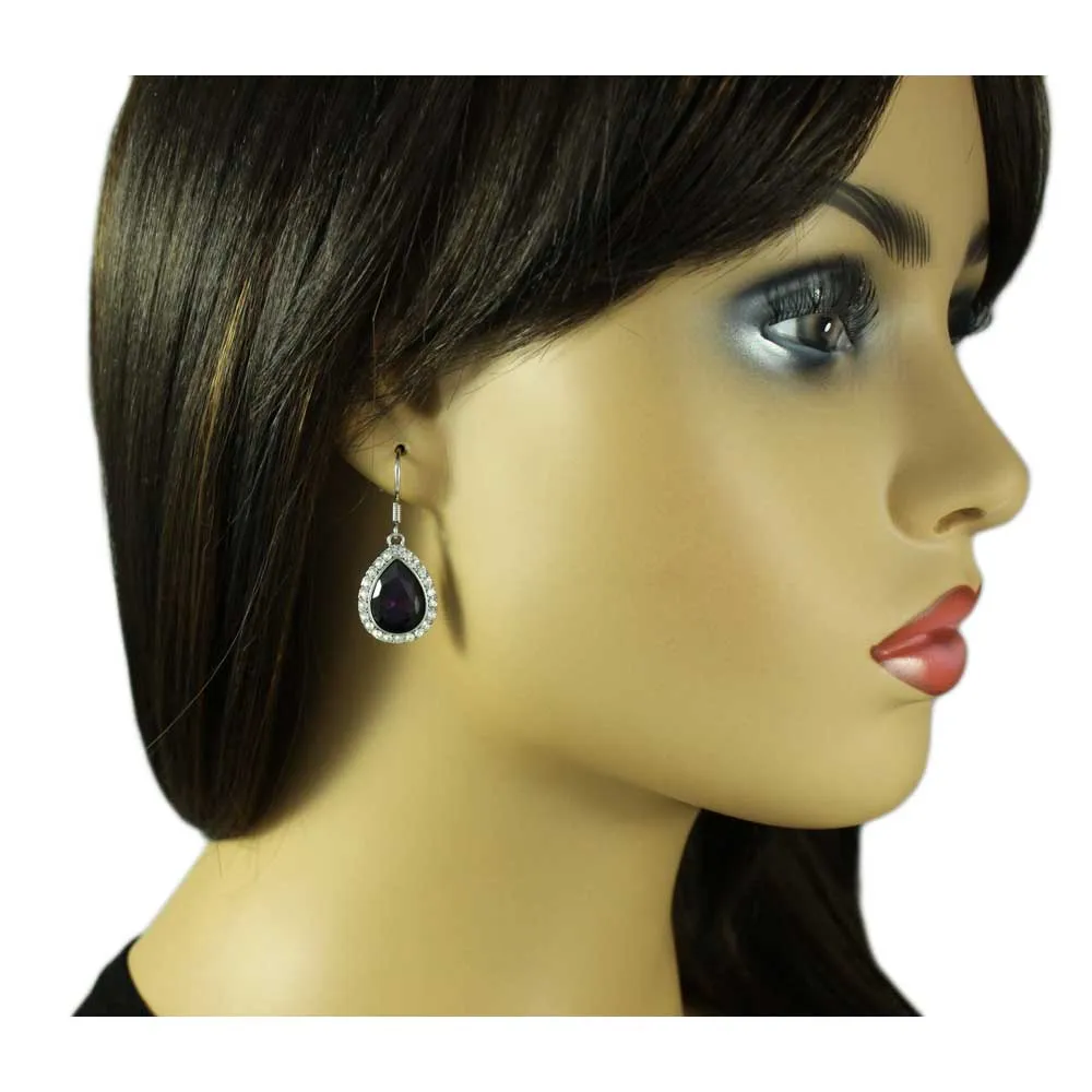 Dark Purple Crystal Teardrop Dangling Pierced Earring - PT410AE