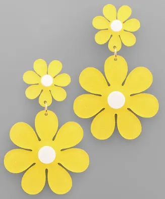 Double Daisy Glitter Acrylic Drop Earrings Bright Yellow