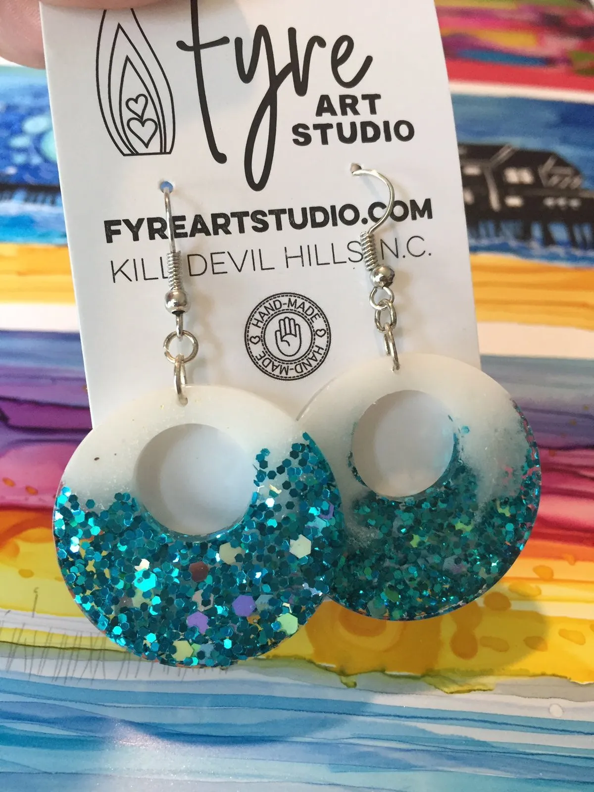 Earrings - Boho White and Turquoise Chunky Glitter Resin Donut Earrings
