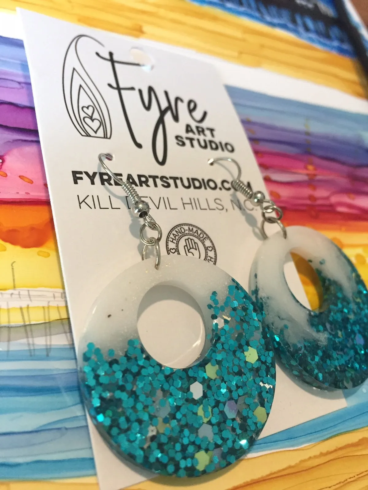 Earrings - Boho White and Turquoise Chunky Glitter Resin Donut Earrings
