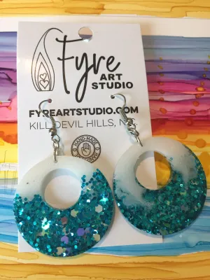 Earrings - Boho White and Turquoise Chunky Glitter Resin Donut Earrings