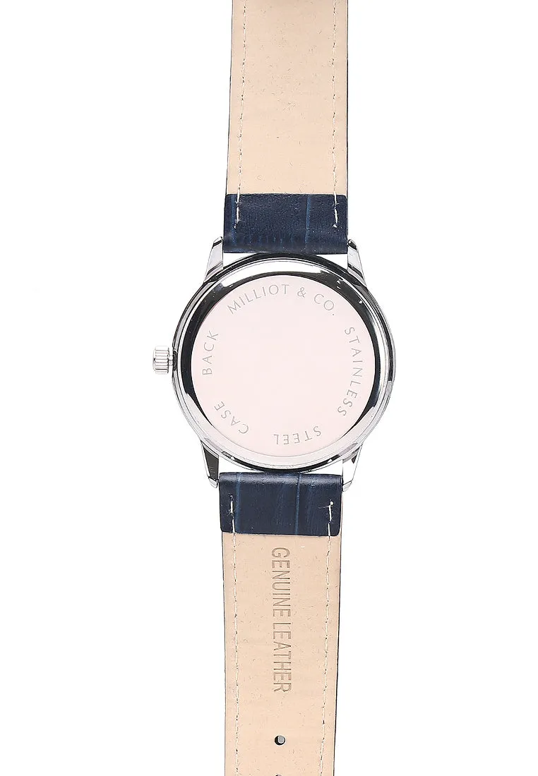 Edry Silver  Leather  Watch (Navy)