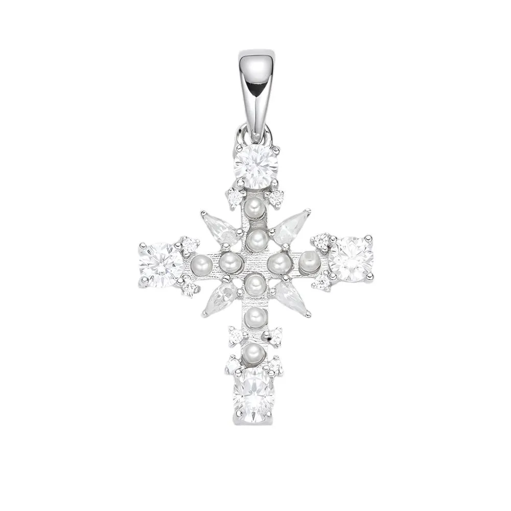 Elegance 1" Cross Dainty Pearl Zirconia Unisex Pendant Charm - C415899