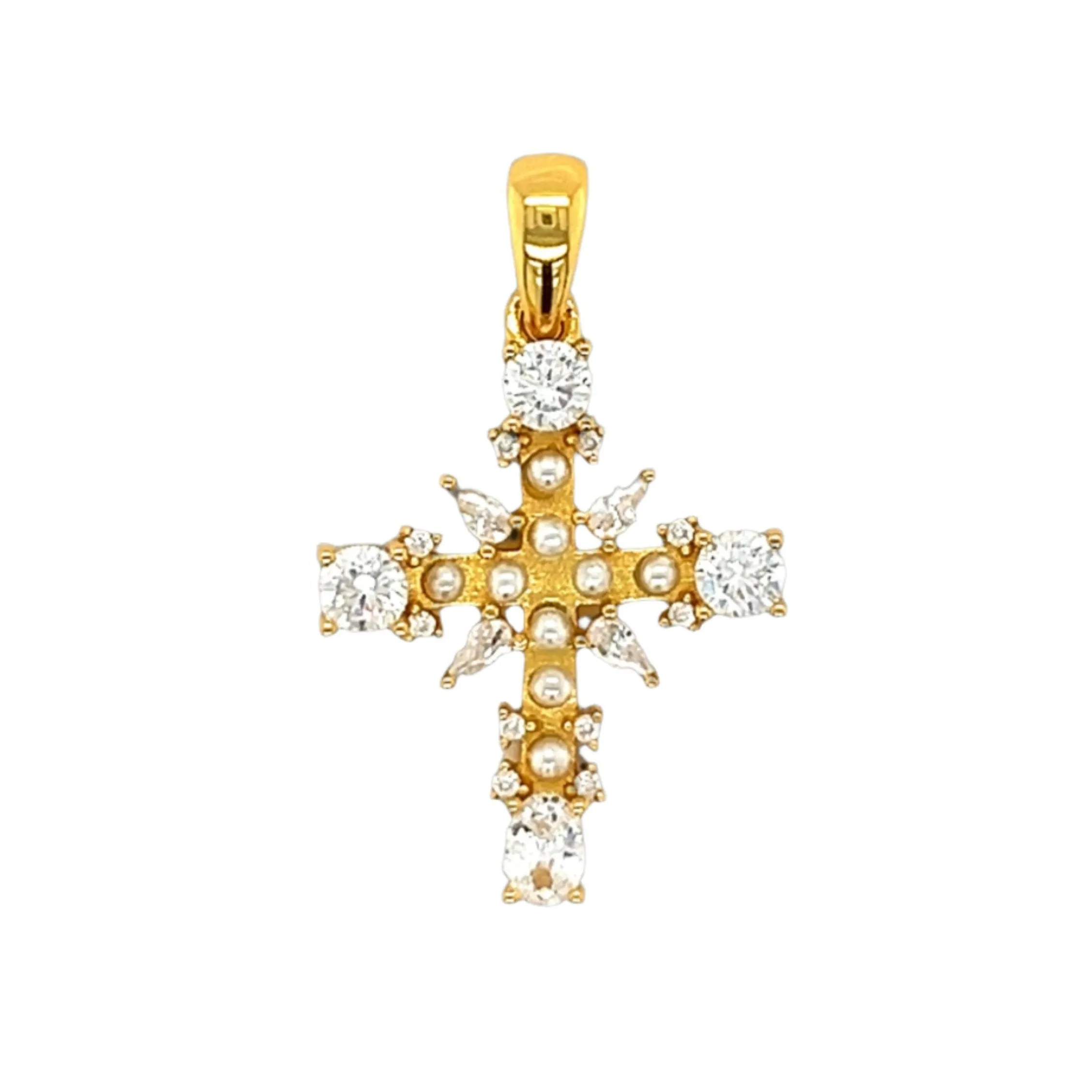 Elegance 1" Cross Dainty Pearl Zirconia Unisex Pendant Charm - C415899