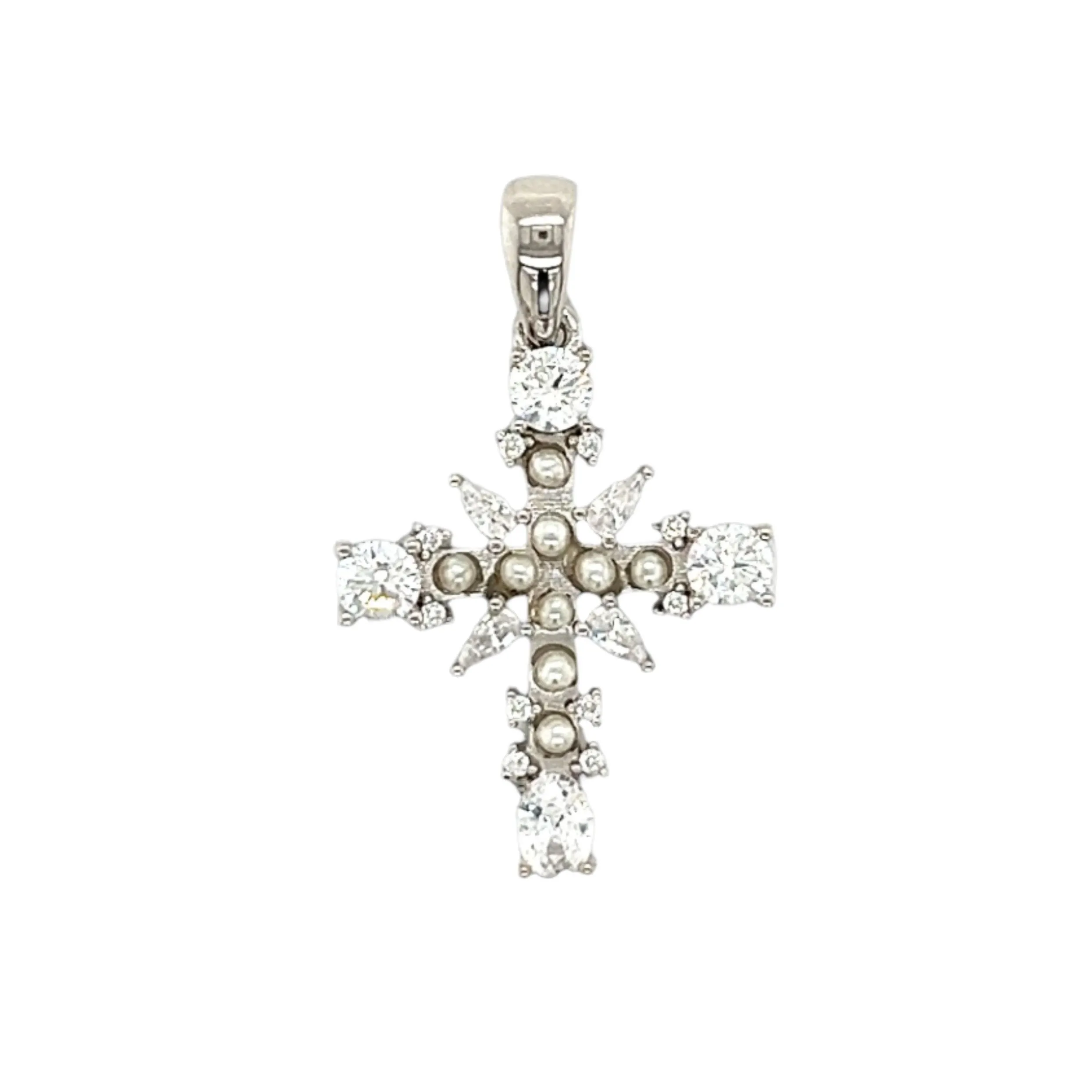 Elegance 1" Cross Dainty Pearl Zirconia Unisex Pendant Charm - C415899