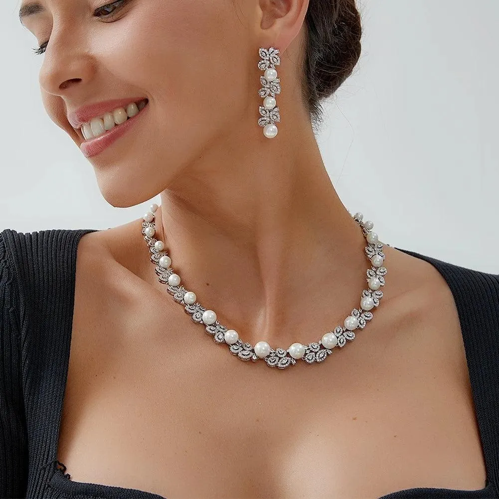 Elegant Cubic Zirconia & Pearl Bridal Jewelry Set for Women