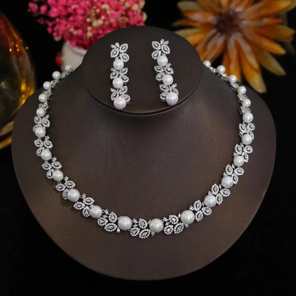 Elegant Cubic Zirconia & Pearl Bridal Jewelry Set for Women