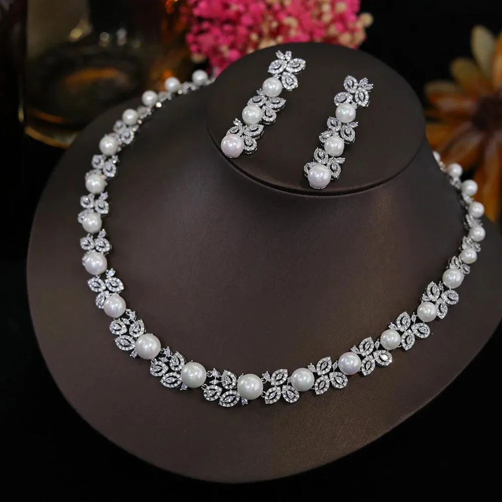 Elegant Cubic Zirconia & Pearl Bridal Jewelry Set for Women
