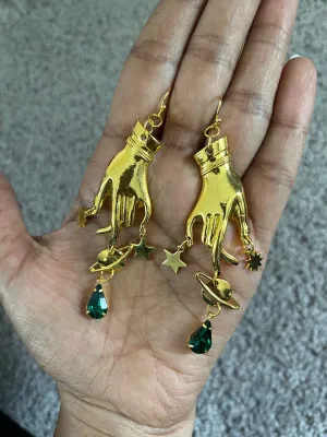Emerald earrings , dark green hand earring , gold hand palm earring , celestial earrings , moon star earring , planet earrings
