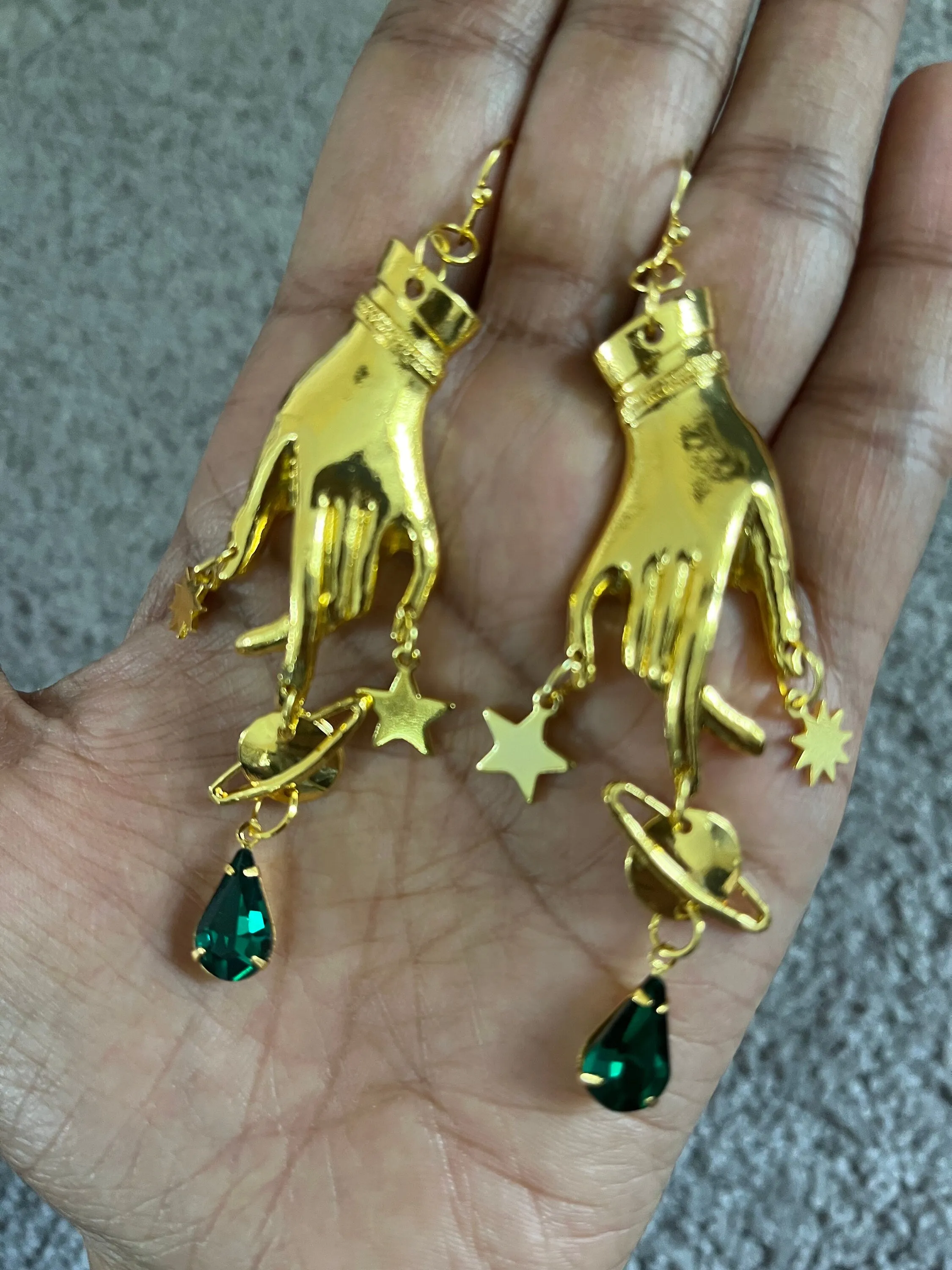 Emerald earrings , dark green hand earring , gold hand palm earring , celestial earrings , moon star earring , planet earrings